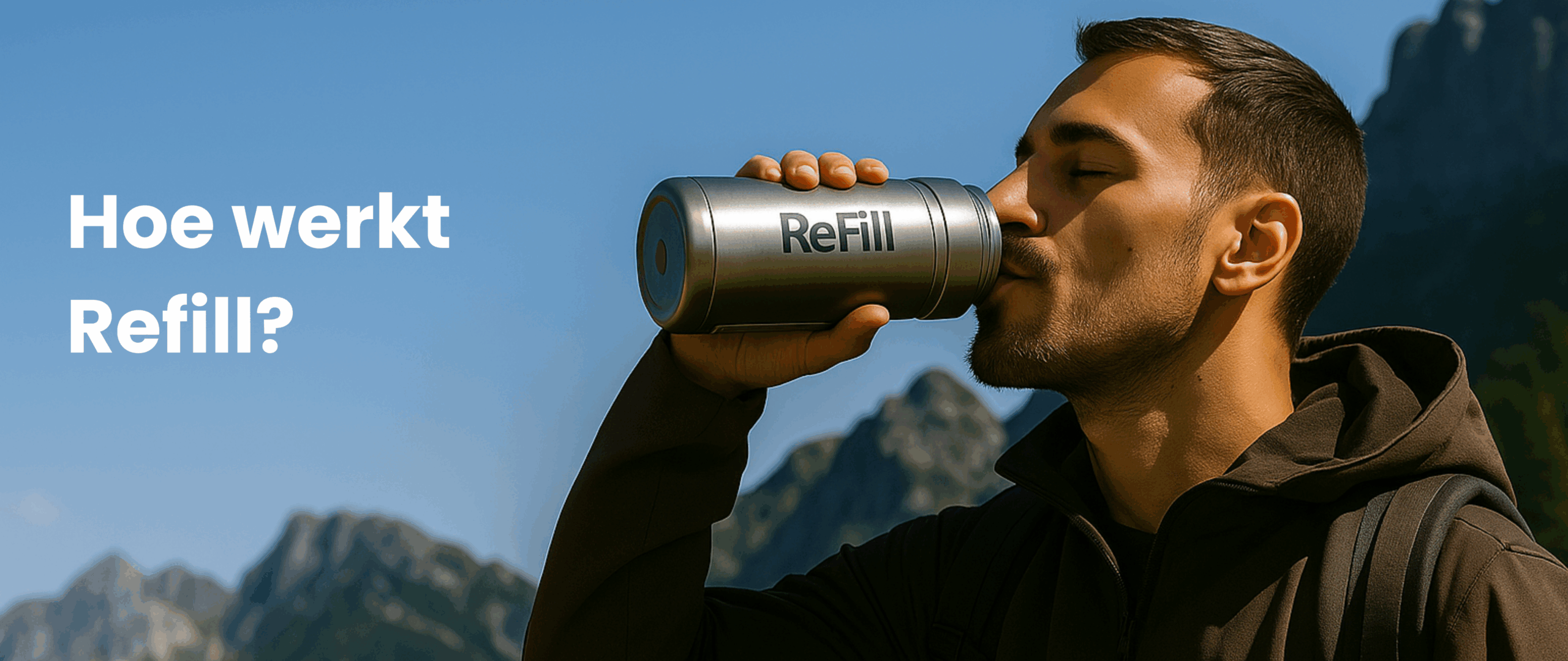 Man drinkt uit een ReFill-fles in de bergen – duurzame zelfvullende waterfles die water uit lucht haalt.