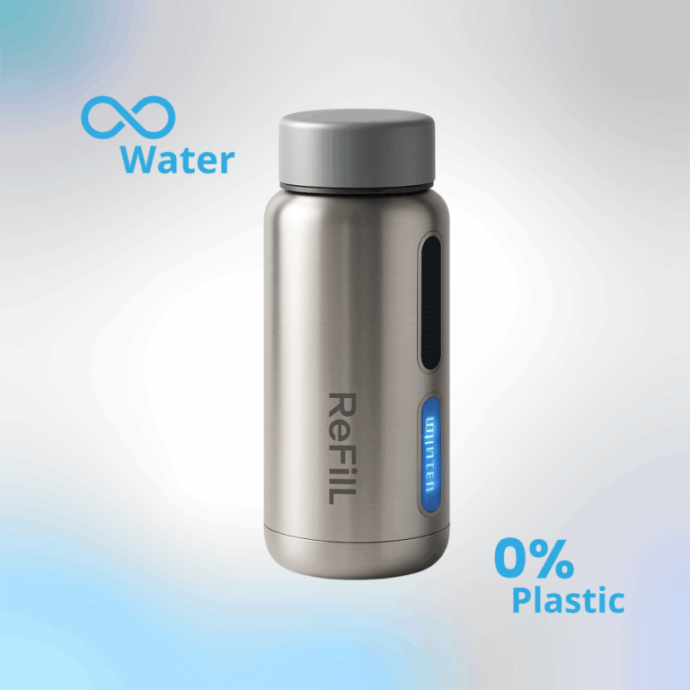 ReFill-fles met water-icoon en 0% plastic – duurzame zelfvullende waterfles op zonne-energie.
