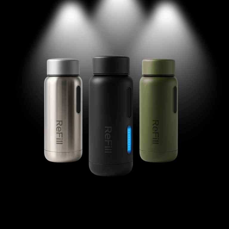 Drie ReFill-flessen in zilver, zwart en olijfgroen – duurzame waterflessen met modern design en slimme technologie.