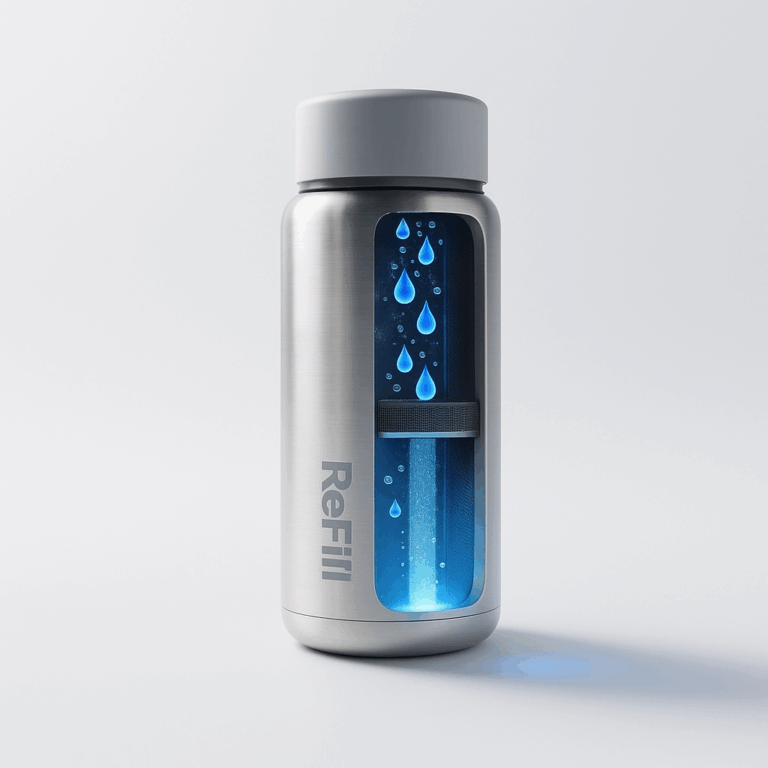 Illustratie van de ReFill-fles die vocht uit de lucht haalt en omzet in schoon drinkwater via een ingebouwd filtersysteem.